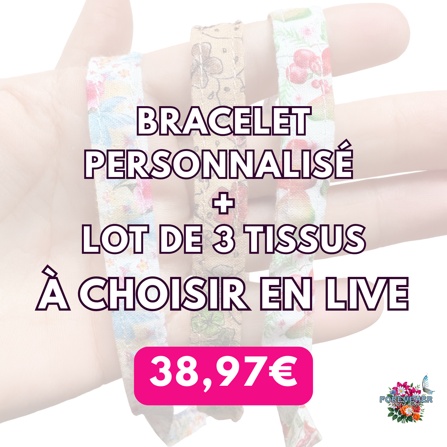 Lot d'une bracelet personnalisé et d'un lot de 3 tissus à choisir en LIVE