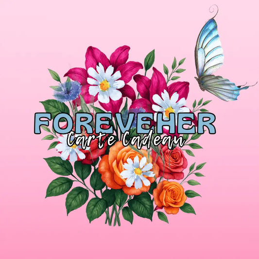Visuel carte cadeau FOREVEHER avec bouquet floral et papillon sur fond rose dégradé